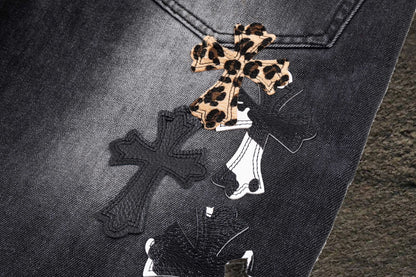 Jeans Chrome Hearts Cruces de Leopardo Negro Deslavado — cruces de la espalda