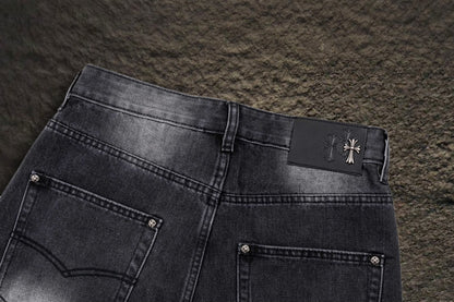 Jeans Chrome Hearts Cruces de Leopardo Negro Deslavado — parche de piel trasero