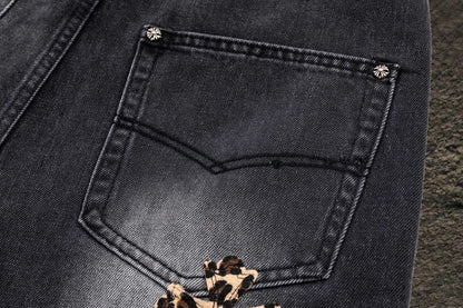 Jeans Chrome Hearts Cruces de Leopardo Negro Deslavado — bolsillo trasero