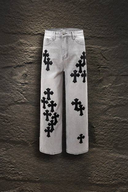 Jeans Chrome Hearts Cruces de Piel Negras Gris Claro — frente