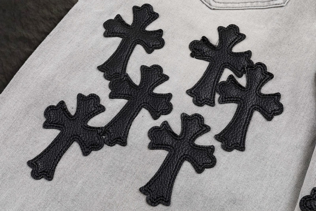 Jeans Chrome Hearts Cruces de Piel Negras Gris Claro — cruces de piel