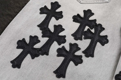 Jeans Chrome Hearts Cruces de Piel Negras Gris Claro — cruces de piel