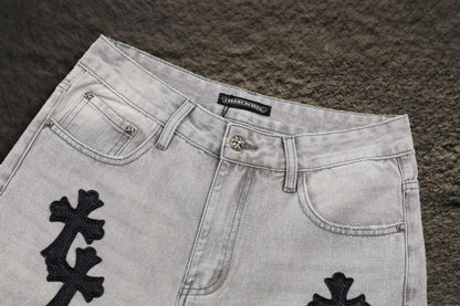 Jeans Chrome Hearts Cruces de Piel Negras Gris Claro — pretina y bolsillos delanteros