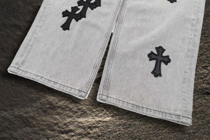 Jeans Chrome Hearts Cruces de Piel Negras Gris Claro — bastillas