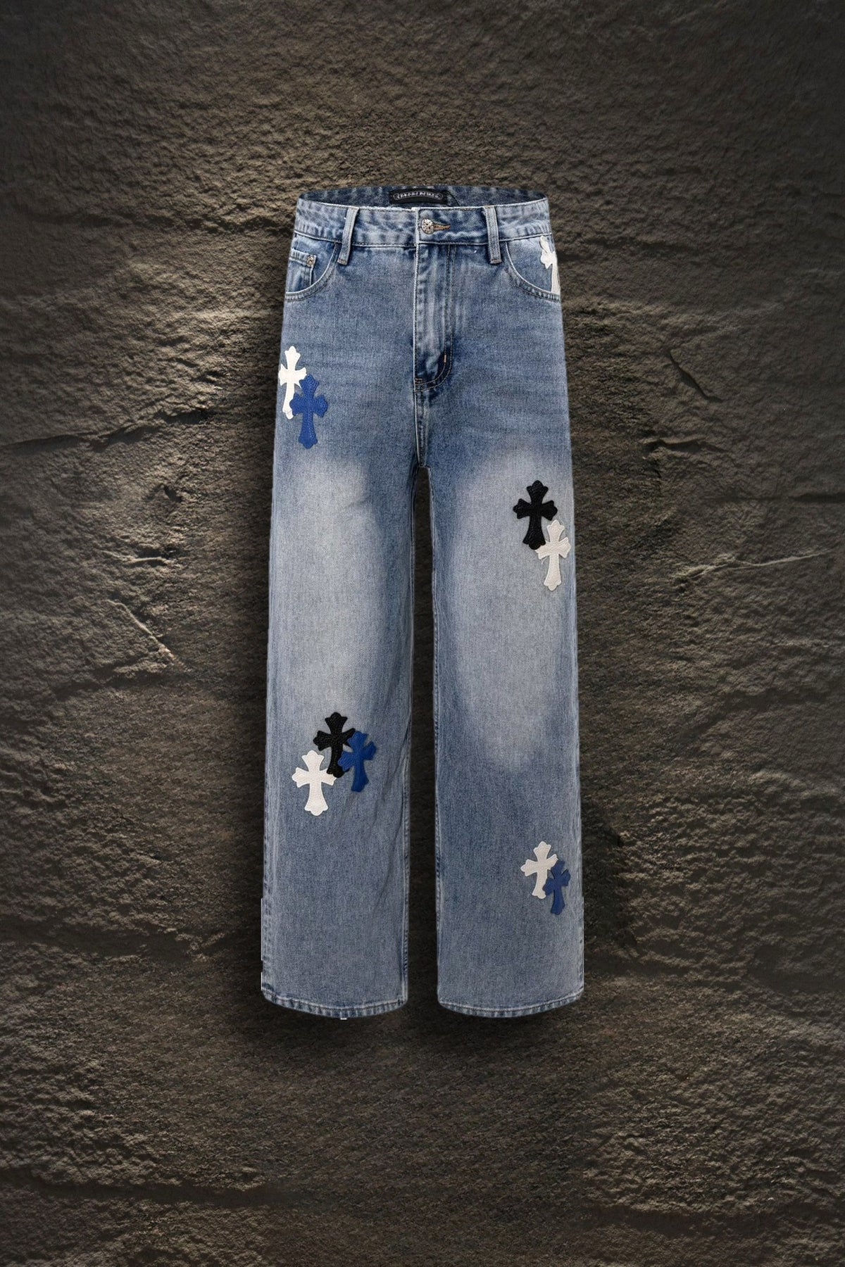Jeans Chrome Hearts Cruces de Piel Tricolor Azul Claro — frente