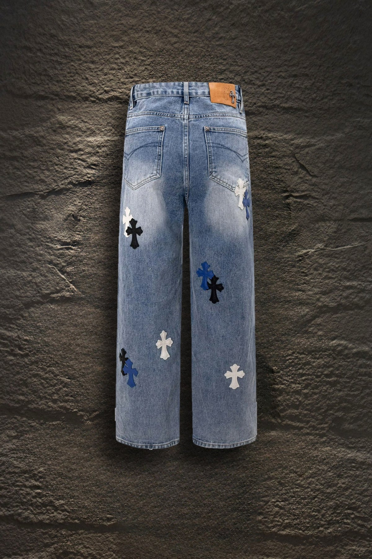 Jeans Chrome Hearts Cruces de Piel Tricolor Azul Claro — espalda
