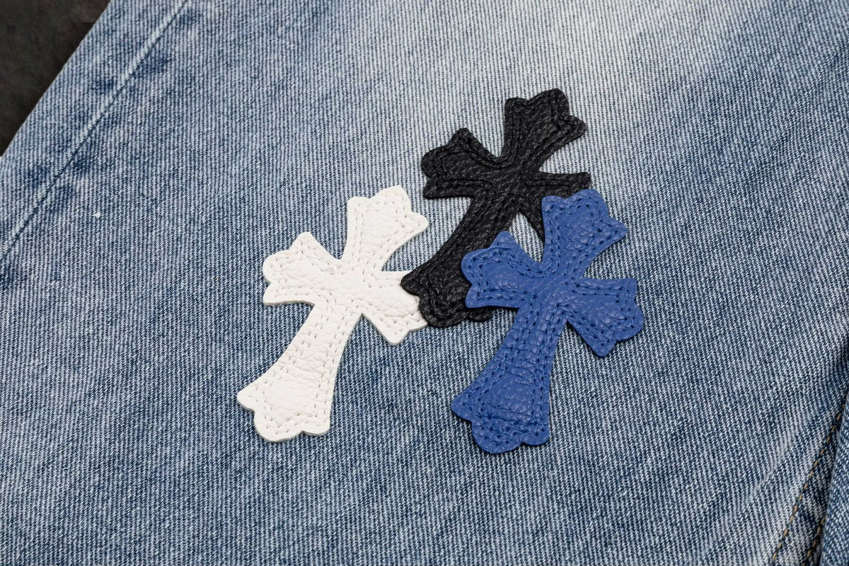 Jeans Chrome Hearts Cruces de Piel Tricolor Azul Claro — cruces de piel tricolor