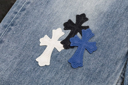 Jeans Chrome Hearts Cruces de Piel Tricolor Azul Claro — cruces de piel tricolor