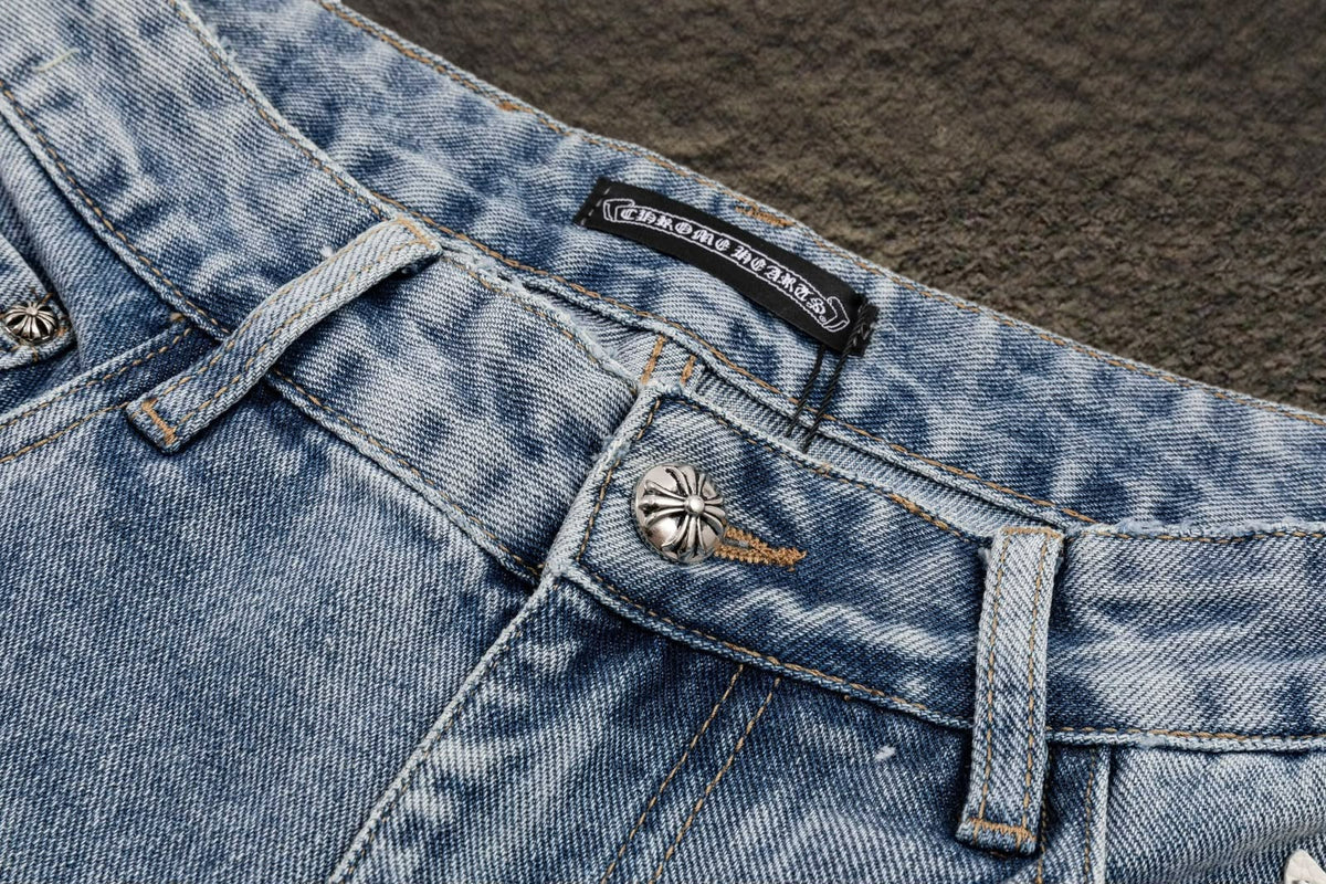 Jeans Chrome Hearts Cruces de Piel Tricolor Azul Claro — pretina y botón