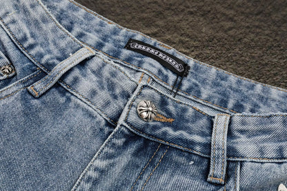 Jeans Chrome Hearts Cruces de Piel Tricolor Azul Claro — pretina y botón