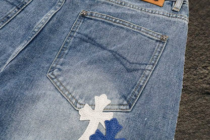 Jeans Chrome Hearts Cruces de Piel Tricolor Azul Claro — bolsillo trasero