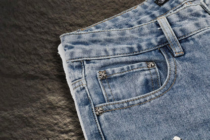 Jeans Chrome Hearts Cruces de Piel Tricolor Azul Claro — bolsillo de monedas