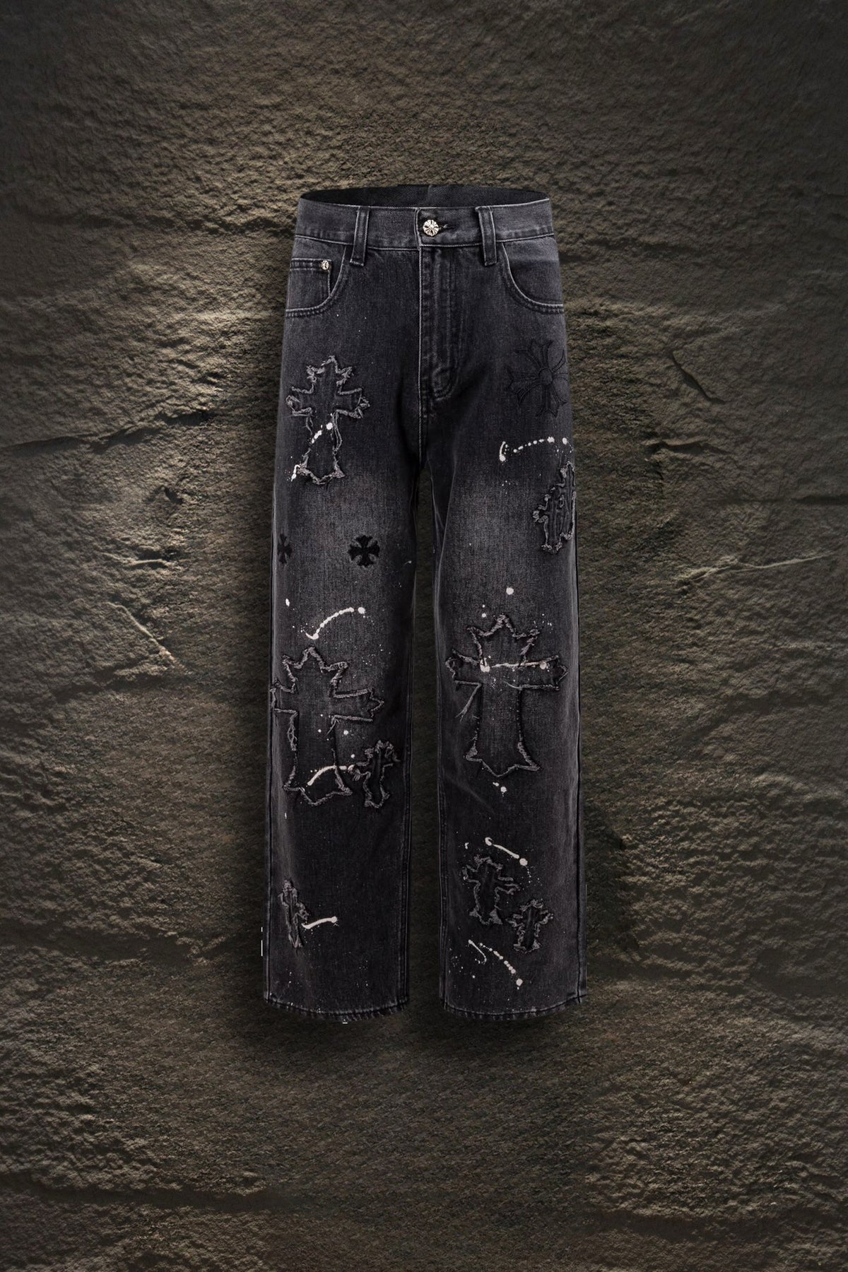 Jeans Chrome Hearts Cruces Deshilachadas y Pintura Negro Deslavado — frente