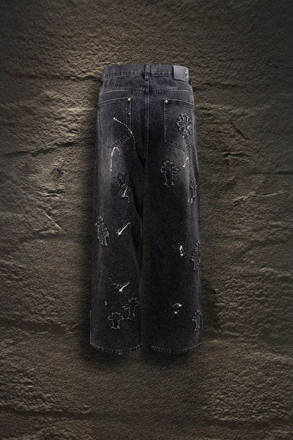 Jeans Chrome Hearts Cruces Deshilachadas y Pintura Negro Deslavado — espalda