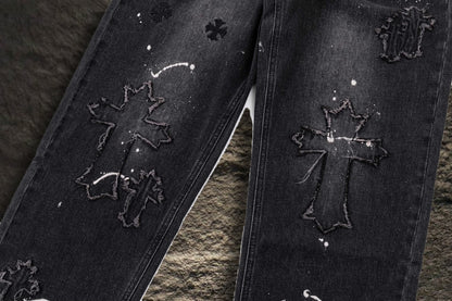 Jeans Chrome Hearts Cruces Deshilachadas y Pintura Negro Deslavado — cruces deshilachadas con pintura