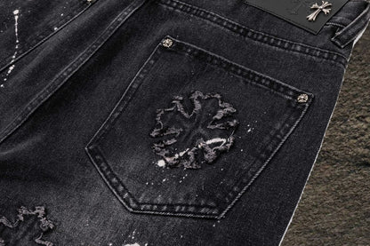 Jeans Chrome Hearts Cruces Deshilachadas y Pintura Negro Deslavado — bolsillo trasero