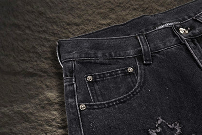 Jeans Chrome Hearts Cruces Deshilachadas y Pintura Negro Deslavado — bolsillo de monedas