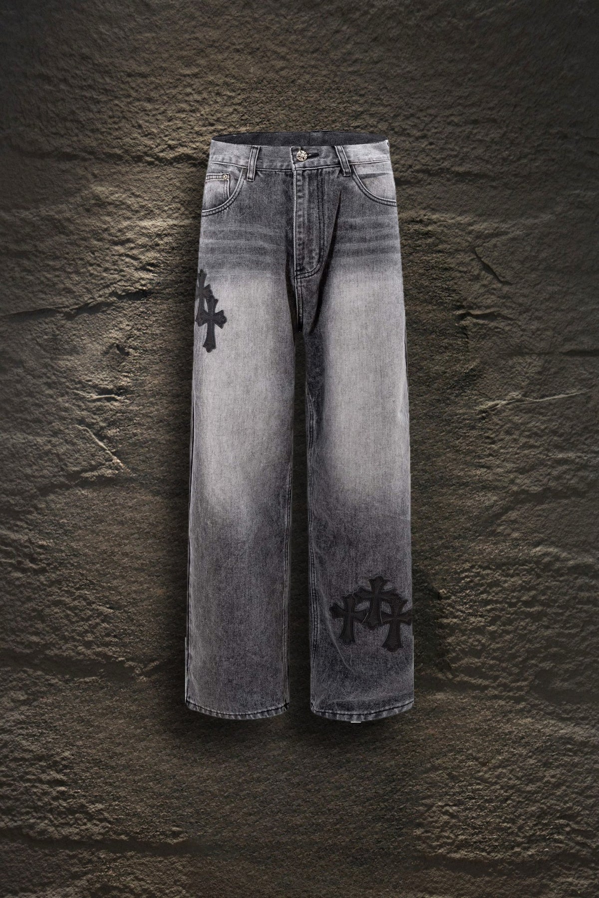 Jeans Chrome Hearts Rolling Stones y Parches Gris Deslavado — frente
