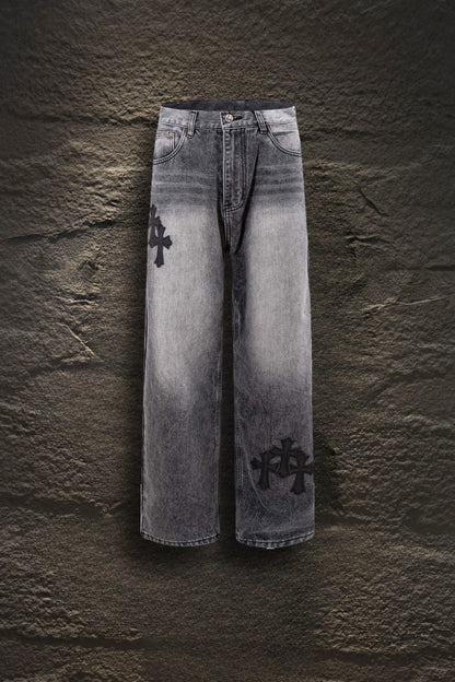 Jeans Chrome Hearts Rolling Stones y Parches Gris Deslavado — frente