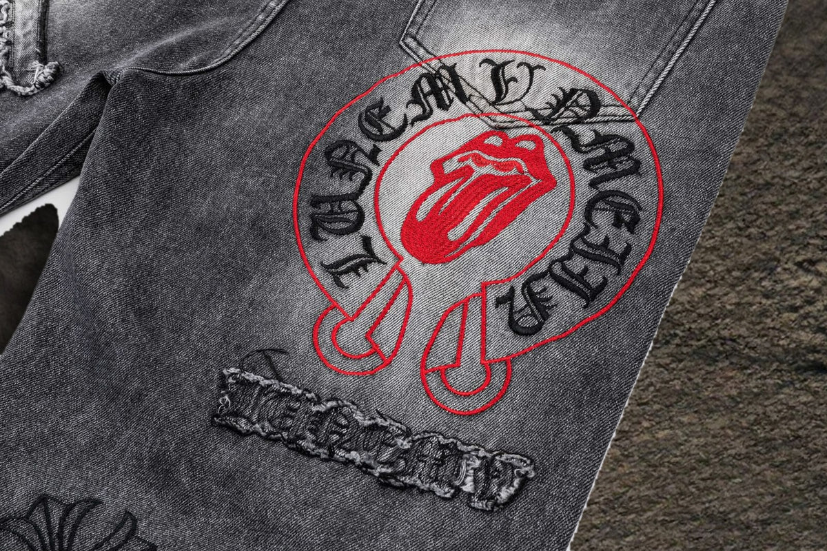 Jeans Chrome Hearts Rolling Stones y Parches Gris Deslavado — bordado Rolling Stones