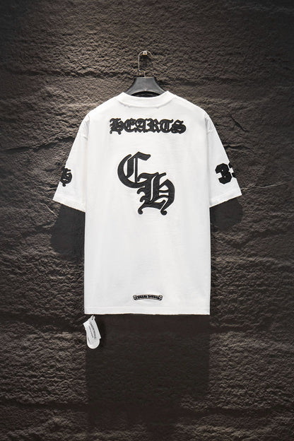 Playera Chrome Hearts CH 33 Parches Negros Blanca — espalda