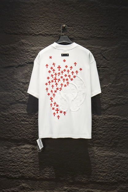 Playera Chrome Hearts Cruces Rojas Bordadas Blanca — espalda