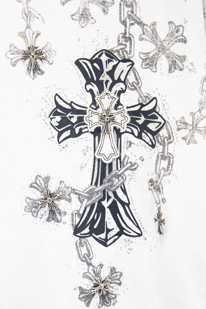 Playera Chrome Hearts Cruz con Cadenas y Herrajes Blanca — cruz central con herrajes