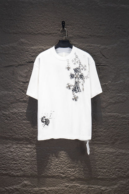 Playera Chrome Hearts Cruz con Cadenas y Herrajes Blanca — frente
