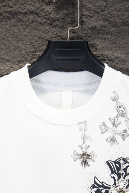 Playera Chrome Hearts Cruz con Cadenas y Herrajes Blanca — cuello
