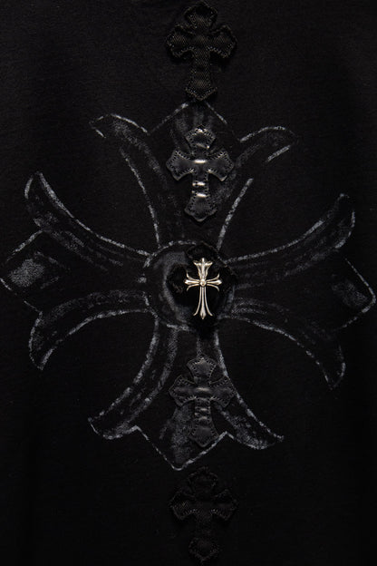 Playera Chrome Hearts Cruz Gótica y Parches de Piel Negra — cruz de la espalda