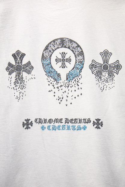 Playera Chrome Hearts Herradura y CH de Pedrería Azul Blanca — pedrería de la espalda
