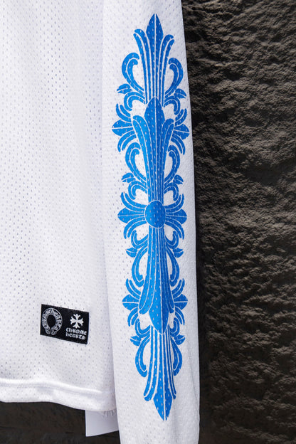 Playera Chrome Hearts Jersey de Malla Manga Larga Blanca — manga con cruz estampada