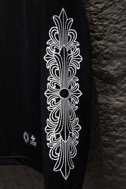 Playera Chrome Hearts Jersey de Malla Manga Larga Negra — manga estampada