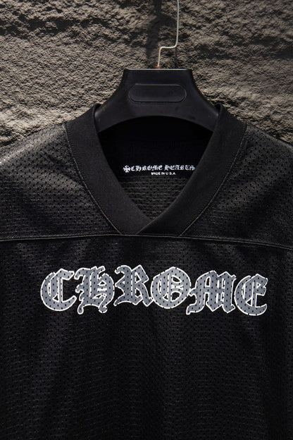 Playera Chrome Hearts Jersey de Malla Manga Larga Negra — letras CHROME al frente