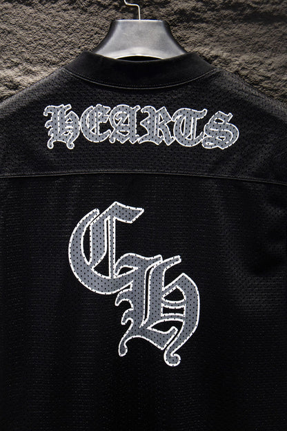 Playera Chrome Hearts Jersey de Malla Manga Larga Negra — HEARTS y monograma CH en la espalda