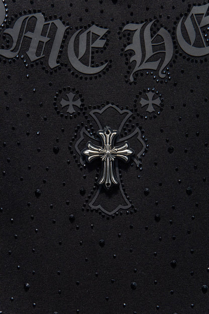 Playera Chrome Hearts Letras en Arco y Cruz Metálica Negra — cruz metálica