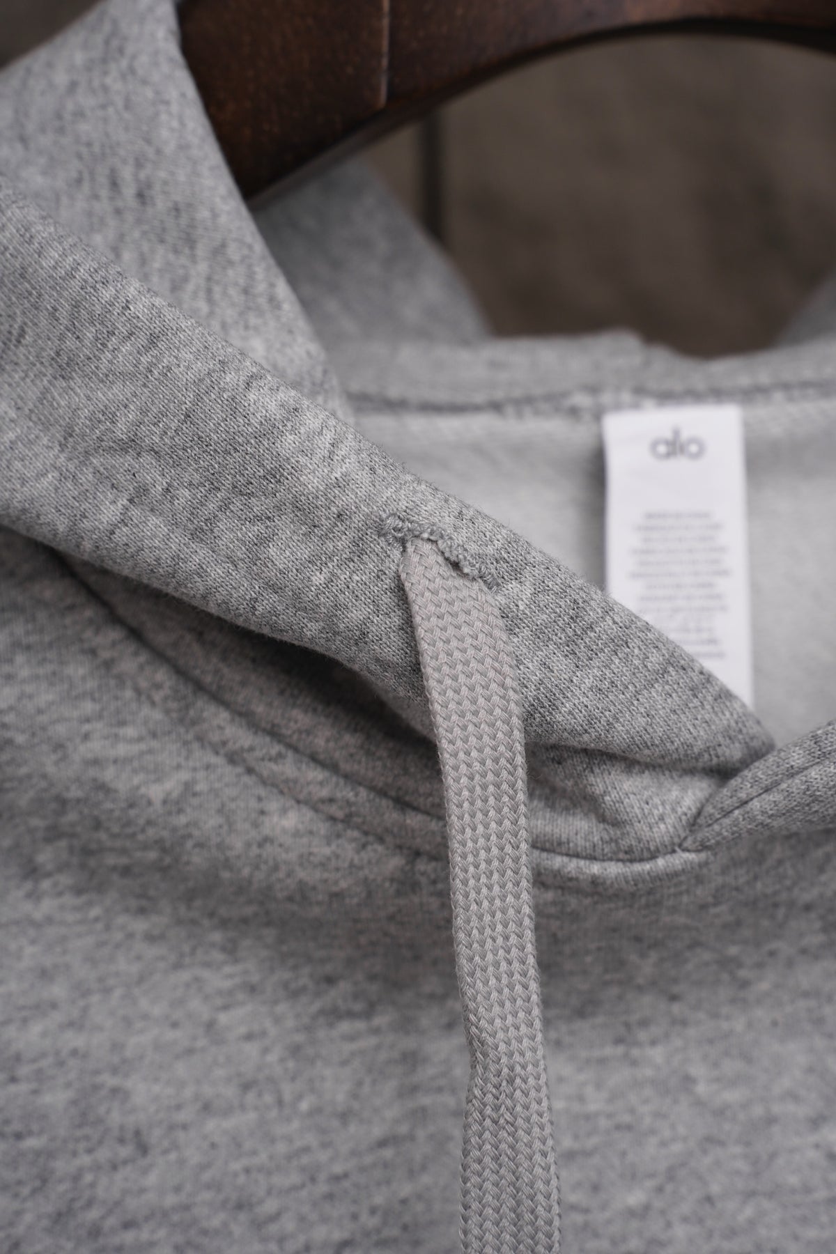 Sudadera Alo Yoga con Capucha Logo Plateado Gris — capucha y etiqueta interior