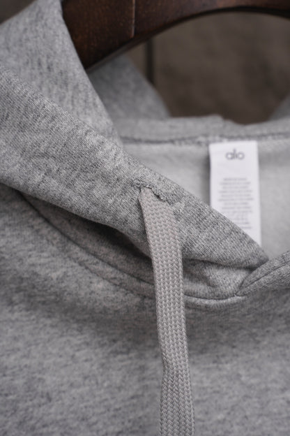 Sudadera Alo Yoga con Capucha Logo Plateado Gris — capucha y etiqueta interior