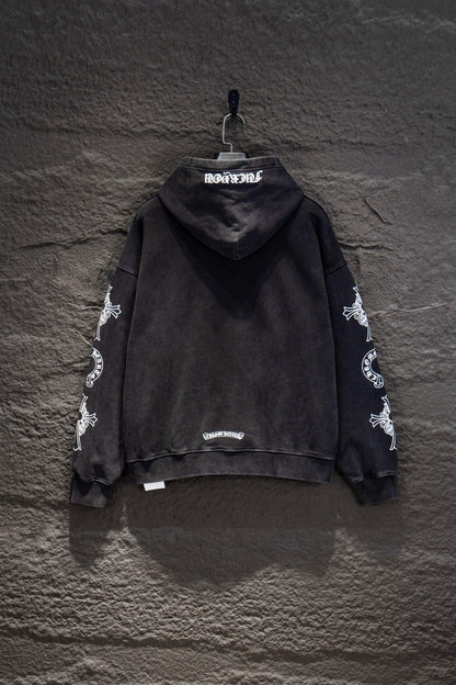 Sudadera Chrome Hearts Daga y Mangas Estampadas Negra Deslavada — espalda